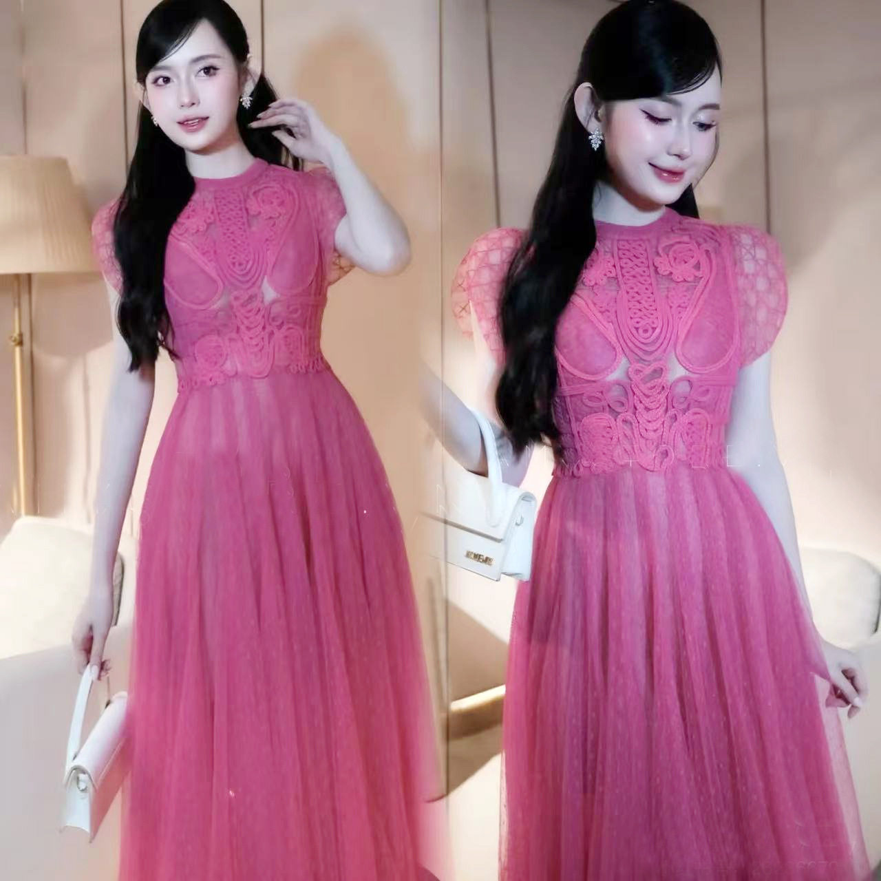 Đầm maxi ren thêu hoa cổ tròn tay ngắn eo cao phong cách Pháp — Hồng đỏ