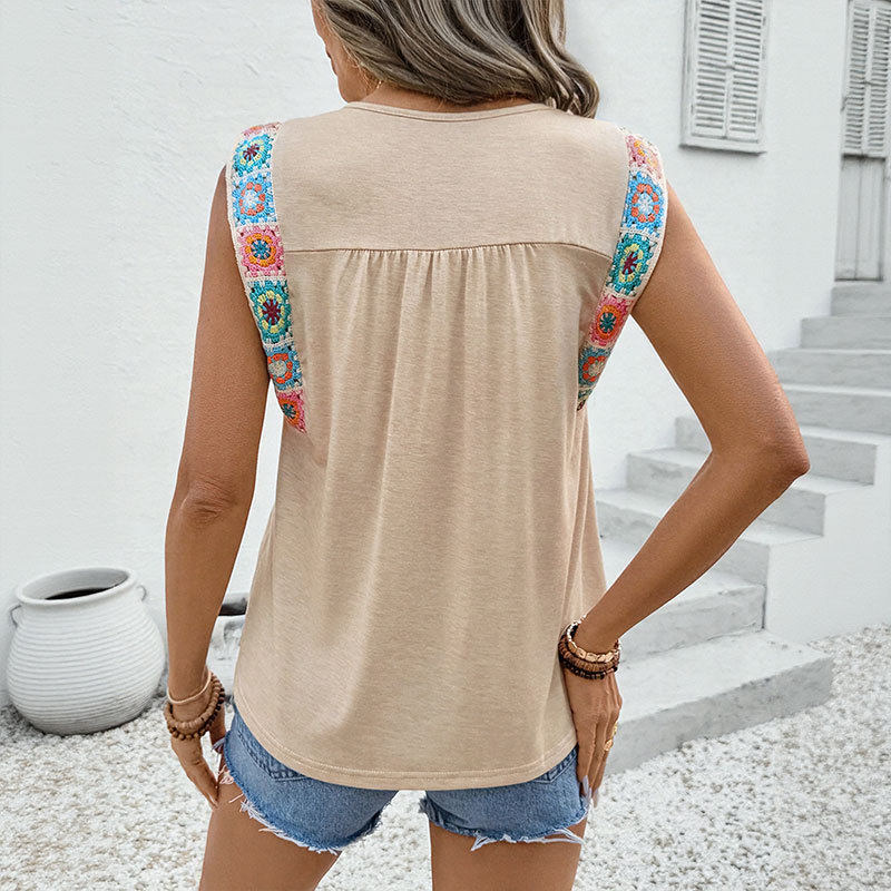 Loose Fit Womens T Shirt Ethnic Style Round Neck Woven Patchwork Casual Wear for Spring Summer Wholesale Available