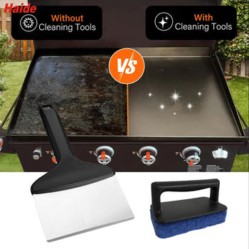 Cross-border in stock barbecue tool cleaning shovel teppanyaki frying shovel multifunctional stainless steel blade cleaning brush three-in-one