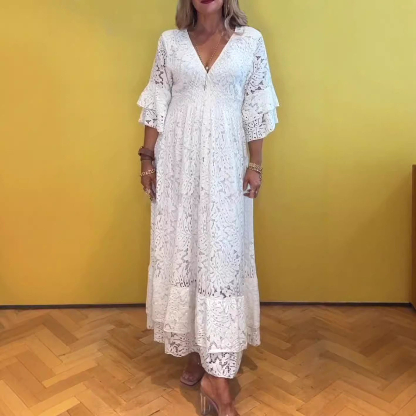 Lace Hollow Out Deep V Neck Dress Summer Style Solid Color Elegant Design Perfect for Parties or Casual Outings