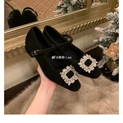 Grape mom with diamond buckle small square velvet in a word with warm slim thick heel Mary Jane shoes women's spring and autumn