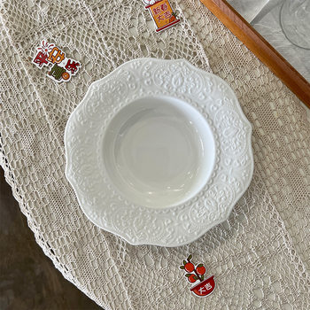 In Stock French Embossed Alice Soup Plate Pure White Simple Lace Soup Plate Western Plate Sweet Plate Household Vegetable Plate