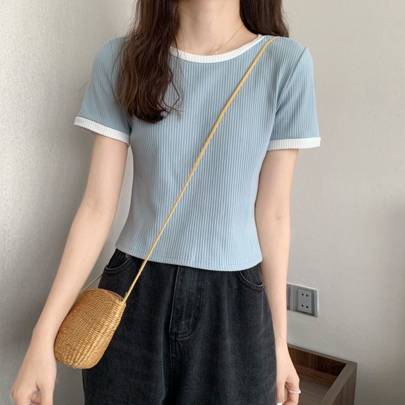 Slim Fit Short Sleeve T Shirt for Women Round Neck Color Block Design Casual Summer Wear