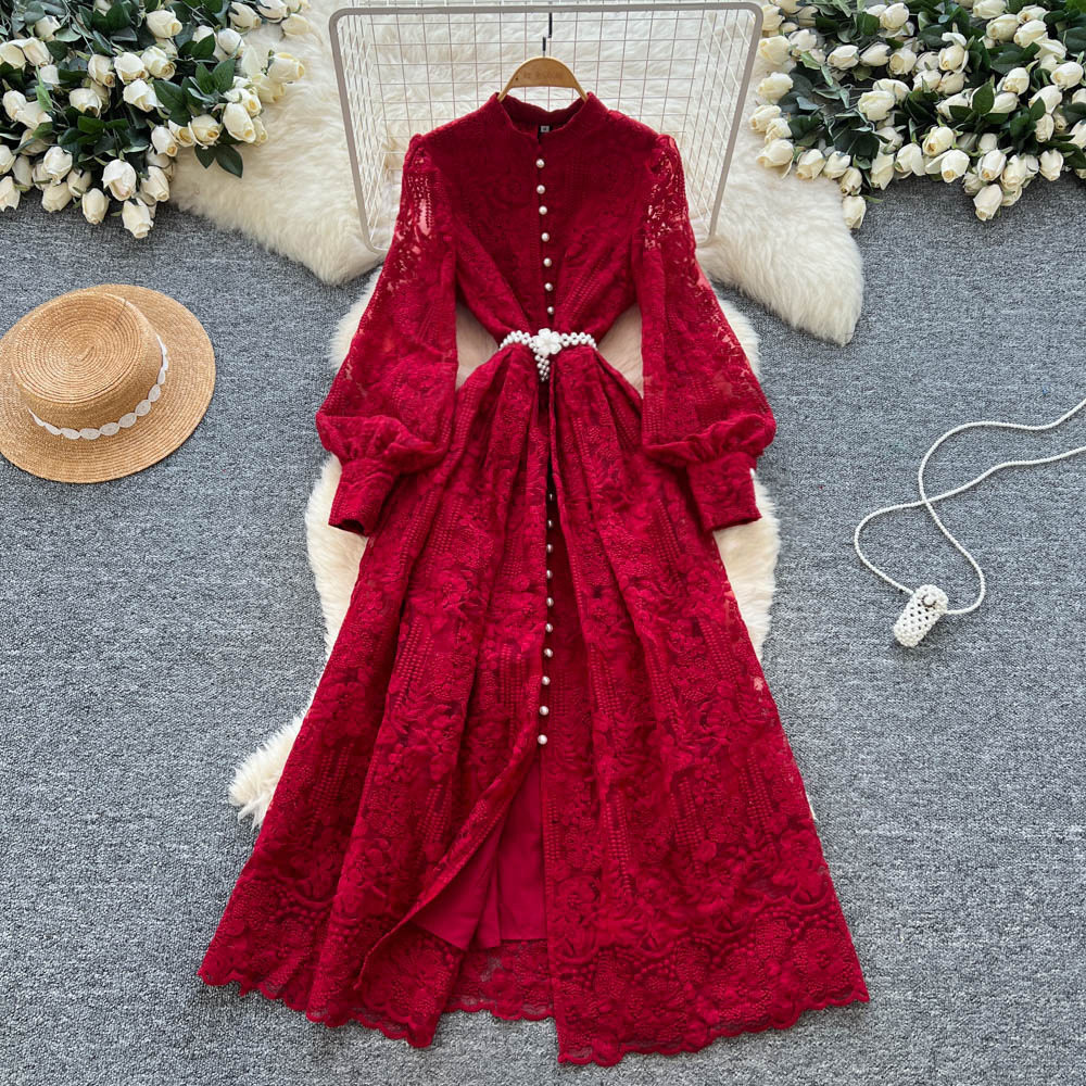 Vintage French Style Embroidered Mesh Dress Beaded Waist Tie A Line Elegant Long Skirt Perfect for Formal Occasions