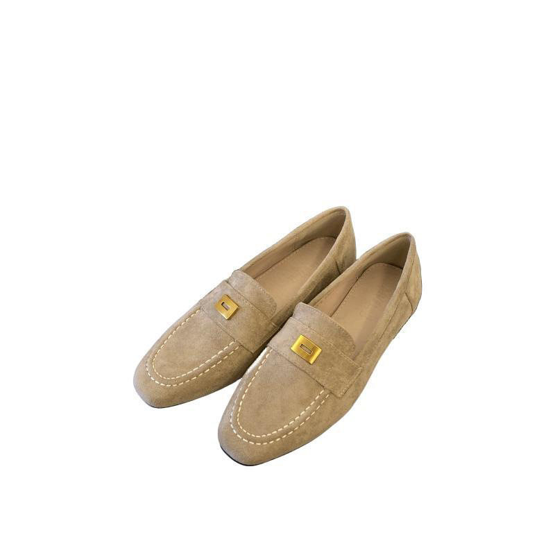 [Tax Not Included]Suede Metal Square Buckle Flat Loafers for Women, Spring and Autumn, Round Toe, Shallow Slip-On, Soft Sole, Bean Shoes