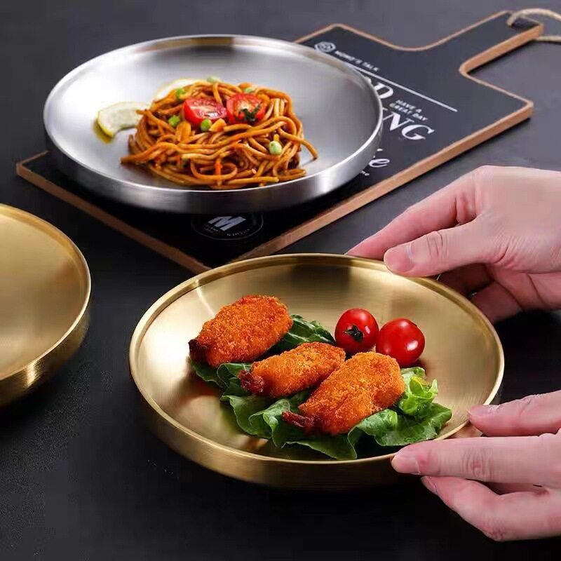 304 Stainless Steel Double Layer Barbecue Plate Korean-style Heat Insulated Western Food Plate Golden Snack Plate Thickened Anti-scalding Disc