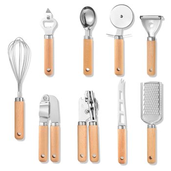 Kitchen Gadgets Wooden Handle Set Small Kitchenware Stainless Steel Egg Beater Baking Set Pizza Tools Cheese Knife