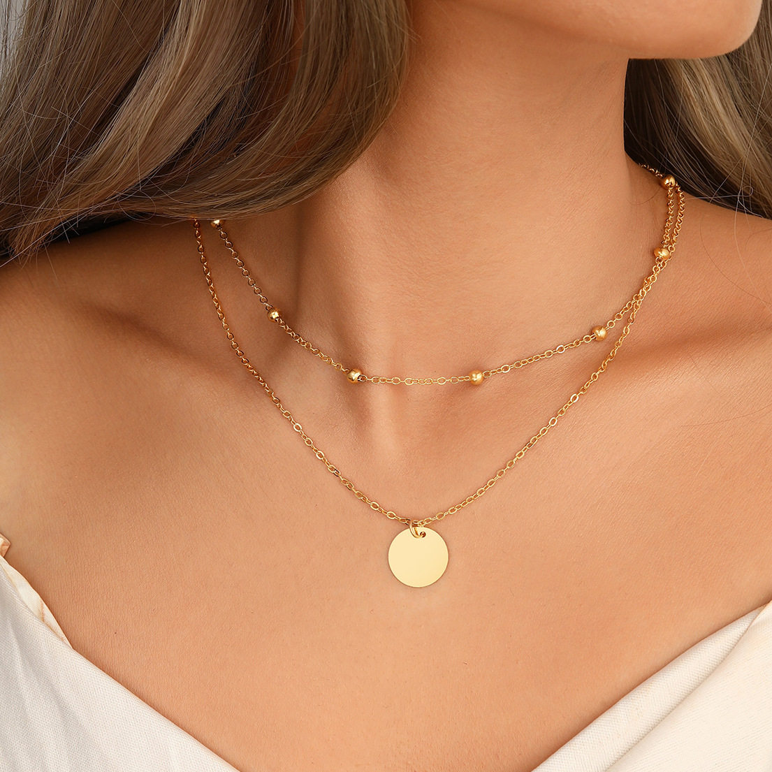 Cross-border Retro Simple Style Double-layer Round Necklace Clavicle Chain Alloy Bead Chain Disc Pendant Necklace Collar for Women