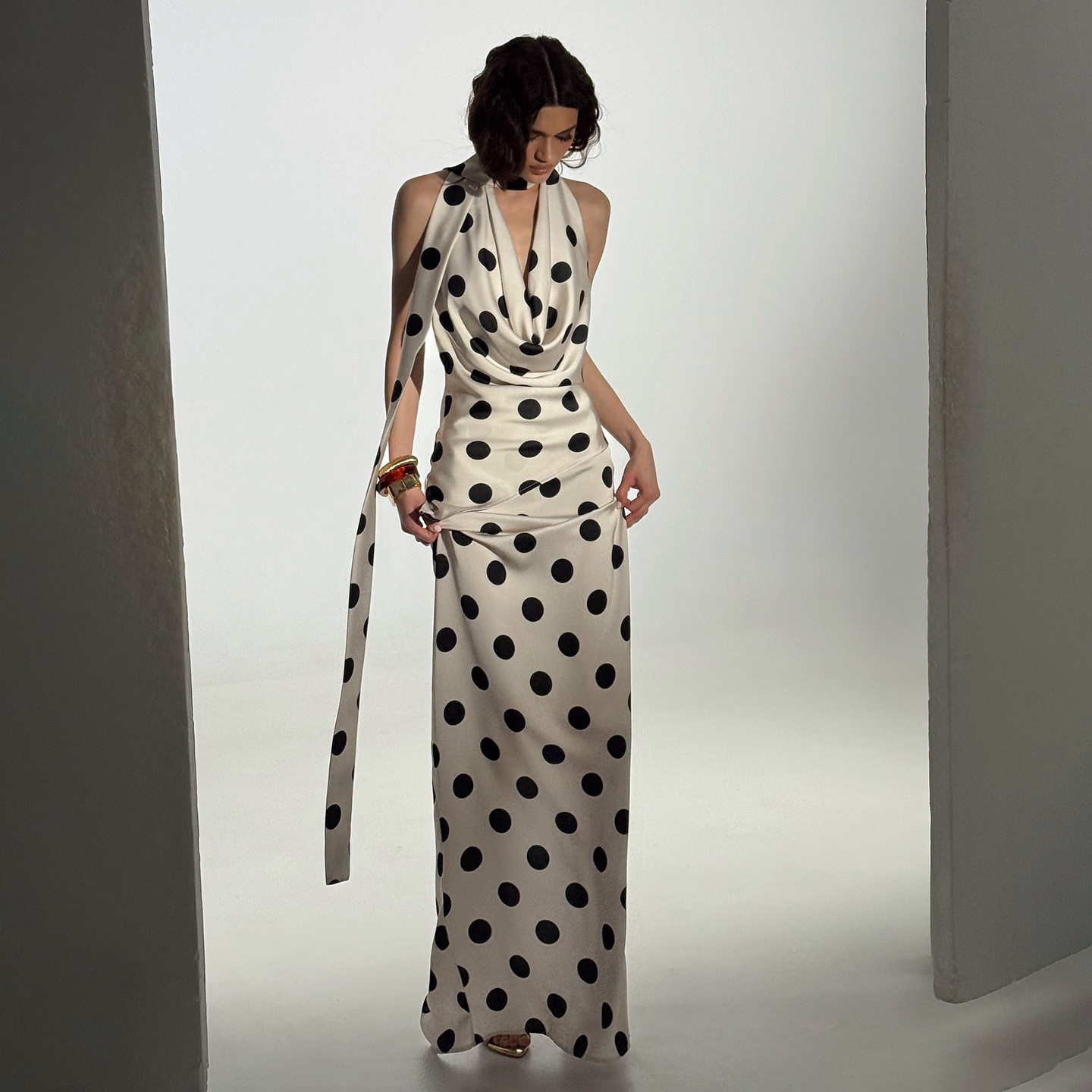 Womens Summer Two Piece Set Stylish Ruffled Neck Top with Tie Fitted Polka Dot Print Skirt Wholesale Available