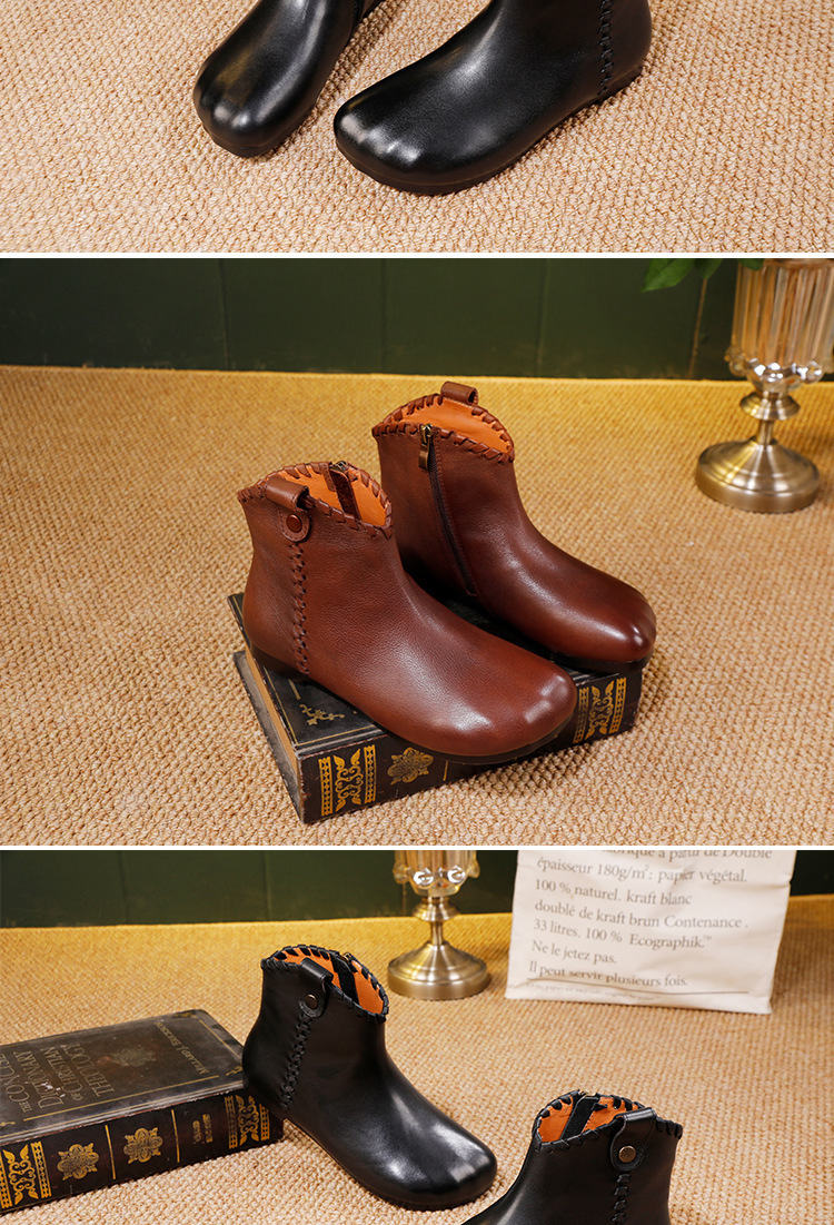 Boot nữ da bò thật cổ thấp gót bằng khoá kéo bên hông — màu đen, màu nâu