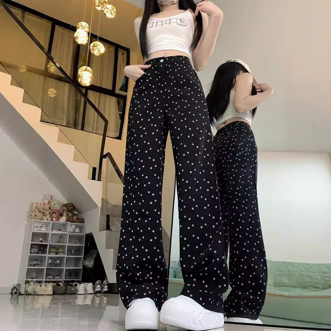 High Waisted Wide Leg Black Jeans Vintage Polka Dot Loose Fit Flattering Straight Leg Spring Summer Casual Wear