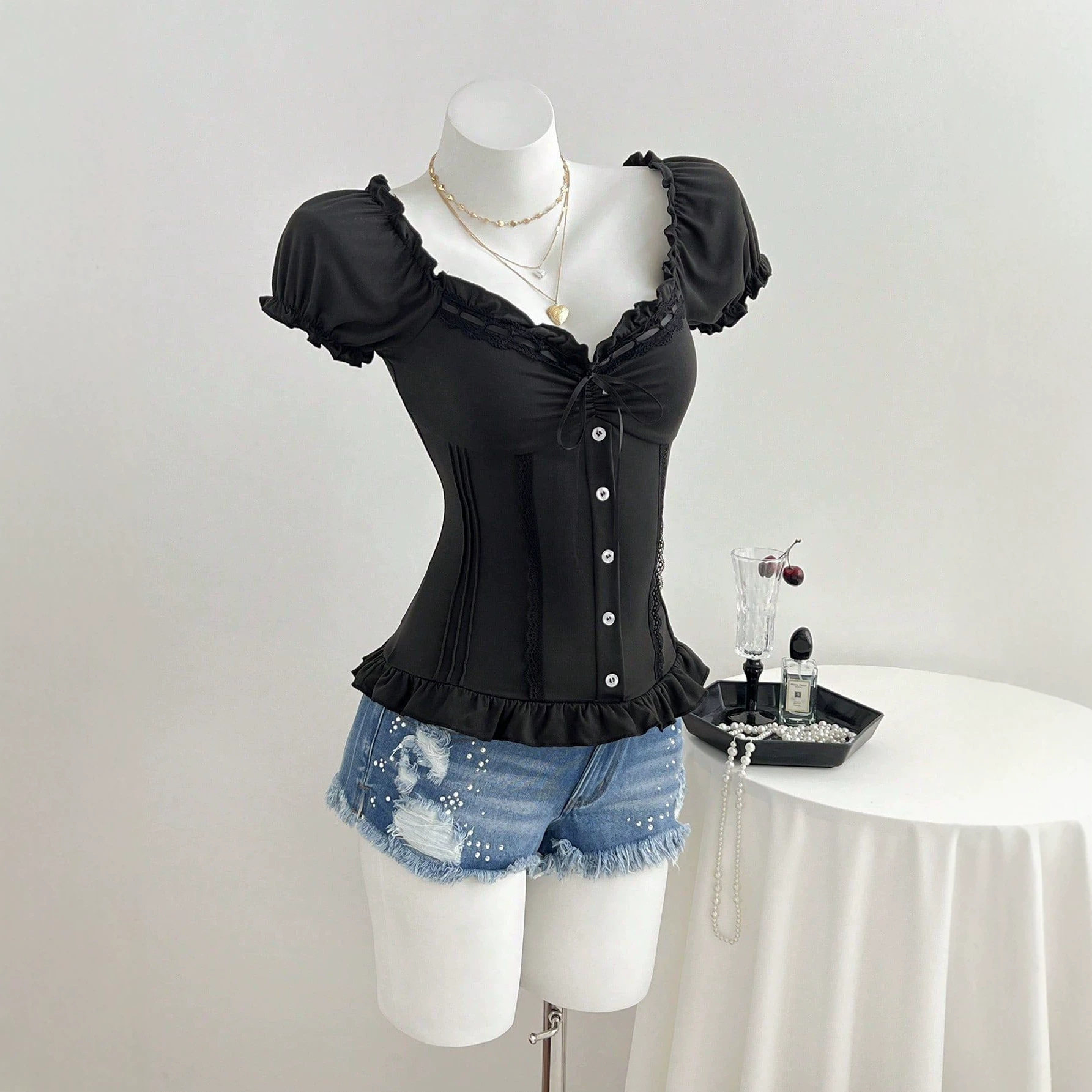 Summer Womens T Shirt Sweet Style Puff Sleeves Bow Tie Design Casual Wear Ready to Ship OEM ODM service
