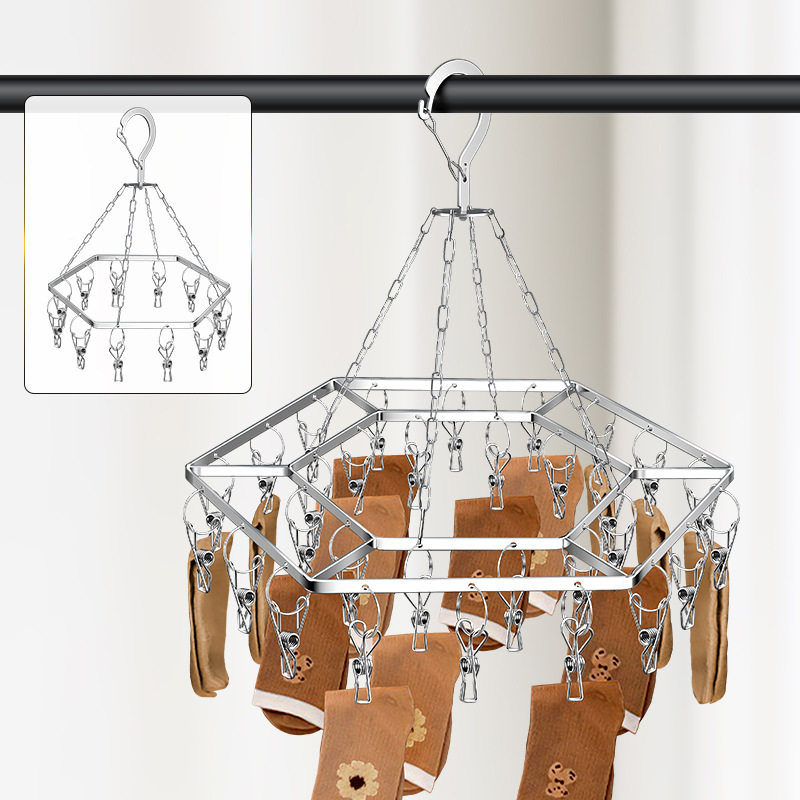 Stainless Steel Clothes Drying Rack with Multiple Clips for Balcony, Home, Dormitory, Easy to Use, Multifunctional Windproof Sock Rack, Clothes Hanging Hook