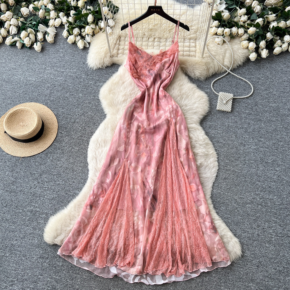French Vacation Style Pink Floral Maxi Dress for Women High Waist Sleeveless Slim Fit Elegant Summer Wear