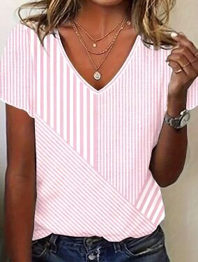 Womens Summer V Neck Short Sleeve Striped Top Trendy Floral Print Versatile Casual Wear Wholesale Available