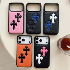 New Color-Blocking Chrome Hearts Case for Apple 17 Pro Max, High-End Leather Cover with Cross Design, Trendy Protective Case