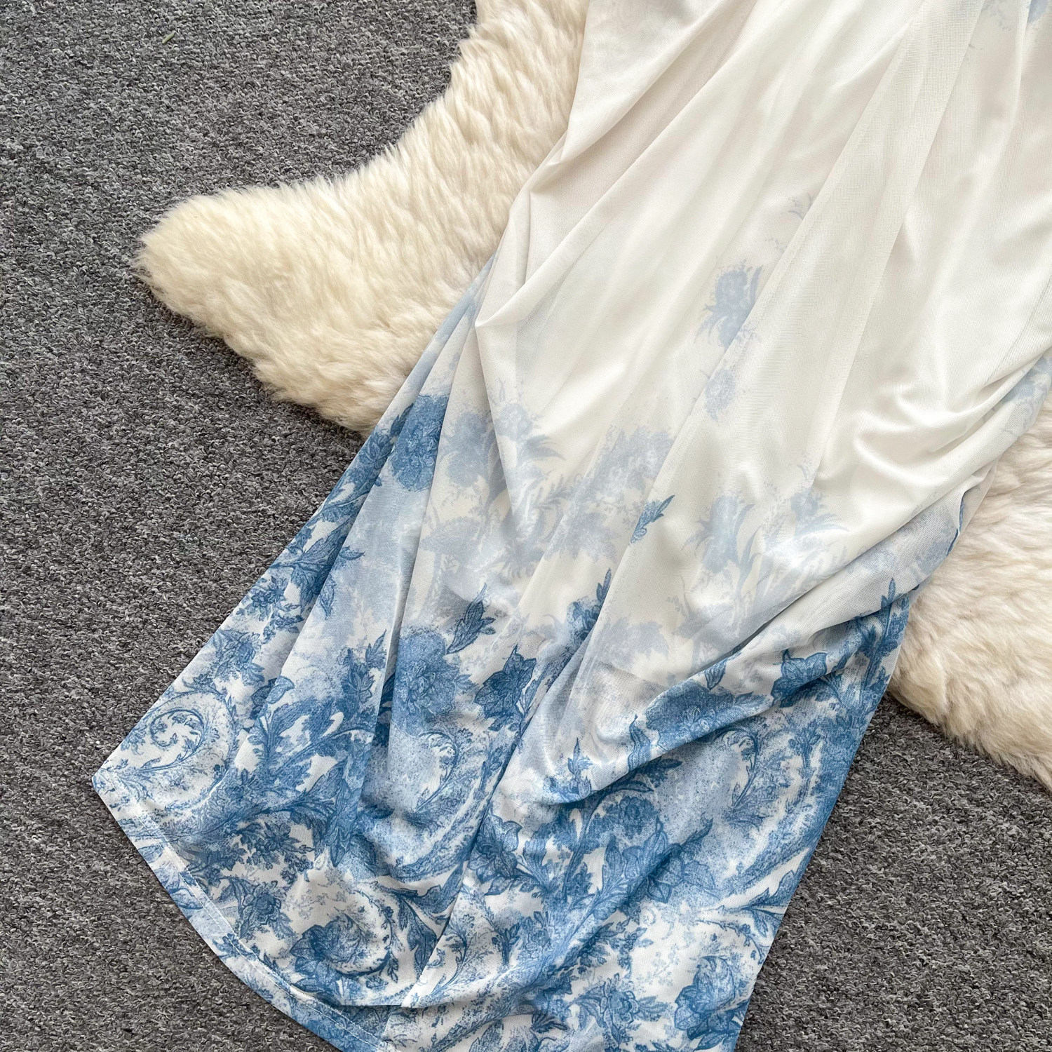 Floral Print Maxi Dress Blue and White Porcelain Design Irregular Hem Waist Cinching Elegant Style Perfect for