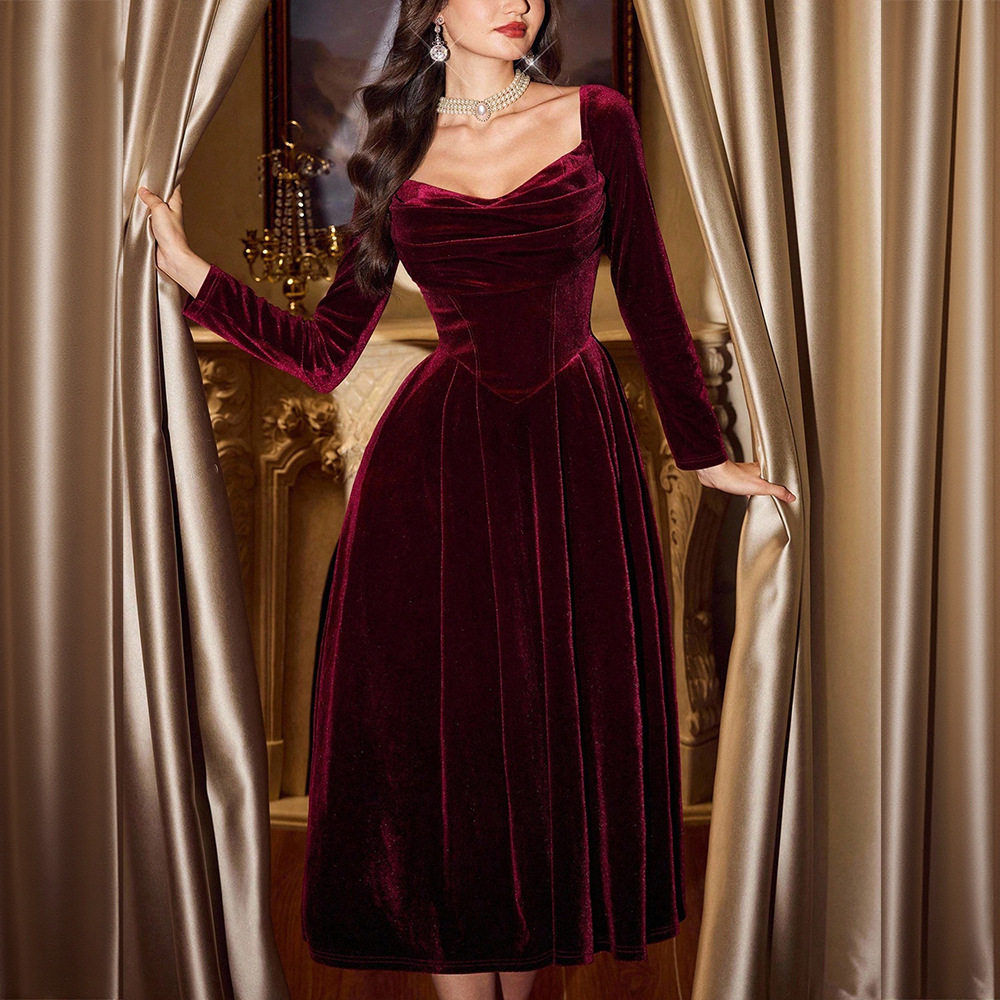 Wine Red Velvet Long Sleeve Square Neck A Line Dress Vintage Style Spring Summer Occasion Wholesale Available