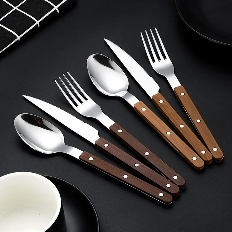Thickened Stainless Steel Western Food Rivet Clamp Handle Knife and Fork Spoon Imitation Wood Handle French Steak Knife Five Main Parts suit