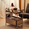 Quiet Style Vintage Storage Trolley Nordic Solid Wood Side Table Living Room Rattan Storage Cabinet Movable Side Cabinet