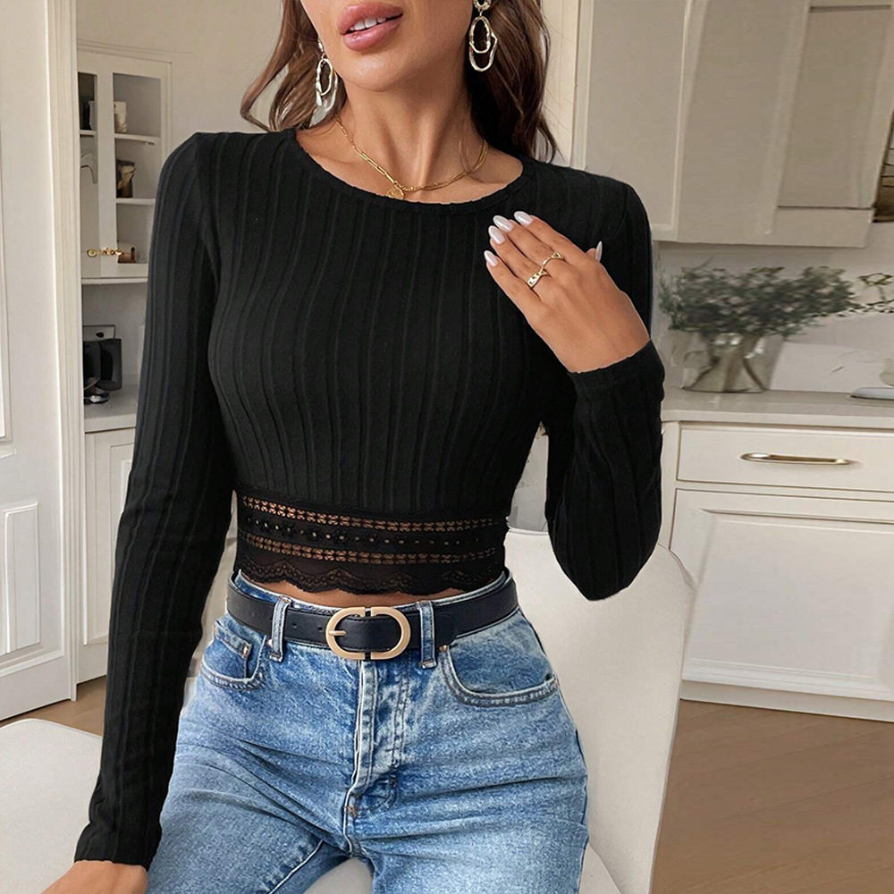 Womens Lace Trim Long Sleeve T Shirt Slim Fit Versatile Style Spring Summer Essential Wholesale Available