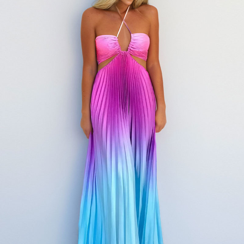 Gradient Color Pleated Halter Dress Spring Collection Fashionable Vacation Style Wholesale Available