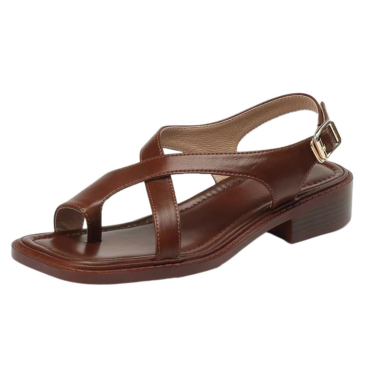 French Retro Brown Thong Sandals for Women, Flat 2024 Roman Style Single Strap Beach Thin Strap Low Heel Black Square Toe