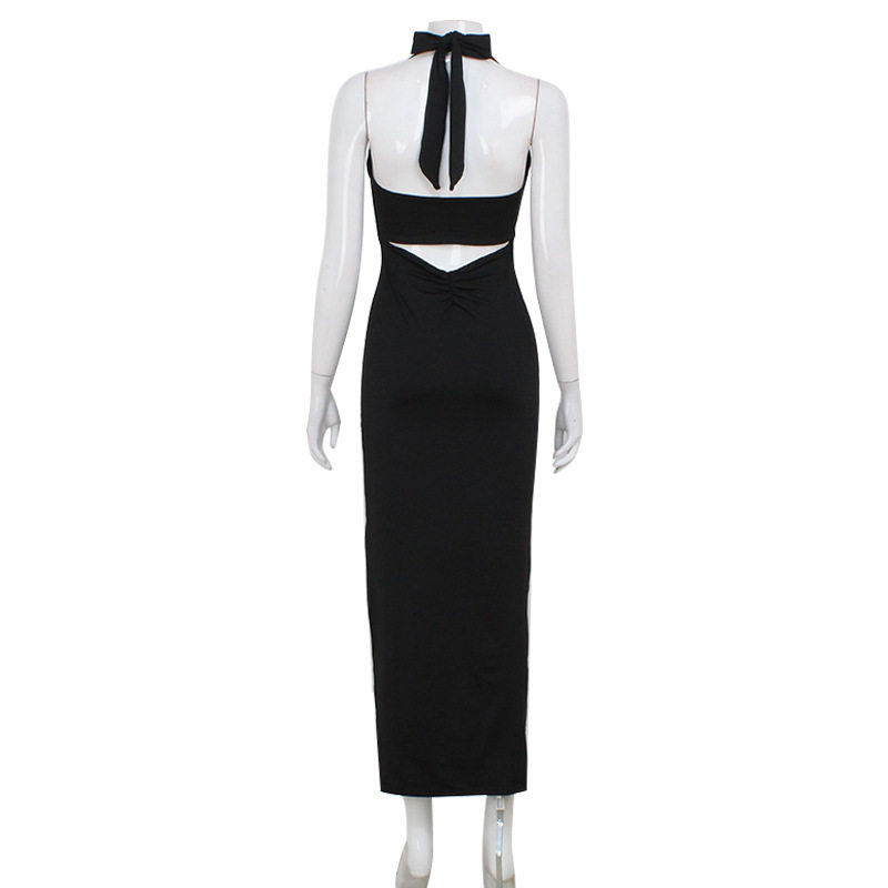Womens Summer Elegant V Neck Halter Dress Slim Fit Solid Color Backless Design Perfect for Parties and Special
