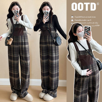 Maternity Wear Autumn and Winter Suit 2025 New Large Size Fashionable Fashionable Spring & Fall Plaid Overalls Two-Piece Set