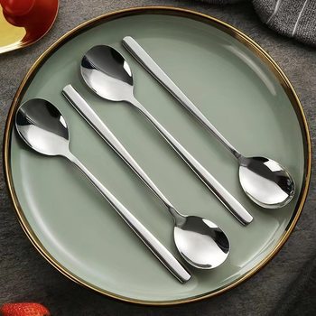 Korean style spoon 304 stainless steel spoon long handle mixing spoon dessert spoon coffee spoon eating spoon household spoon soup spoon