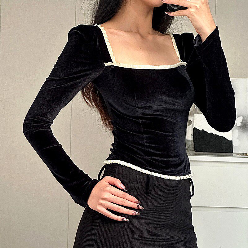 French Style Womens Dress Square Neck Backless Slim Fit Lace Trim Long Sleeve Elegant Evening Wear Wholesale