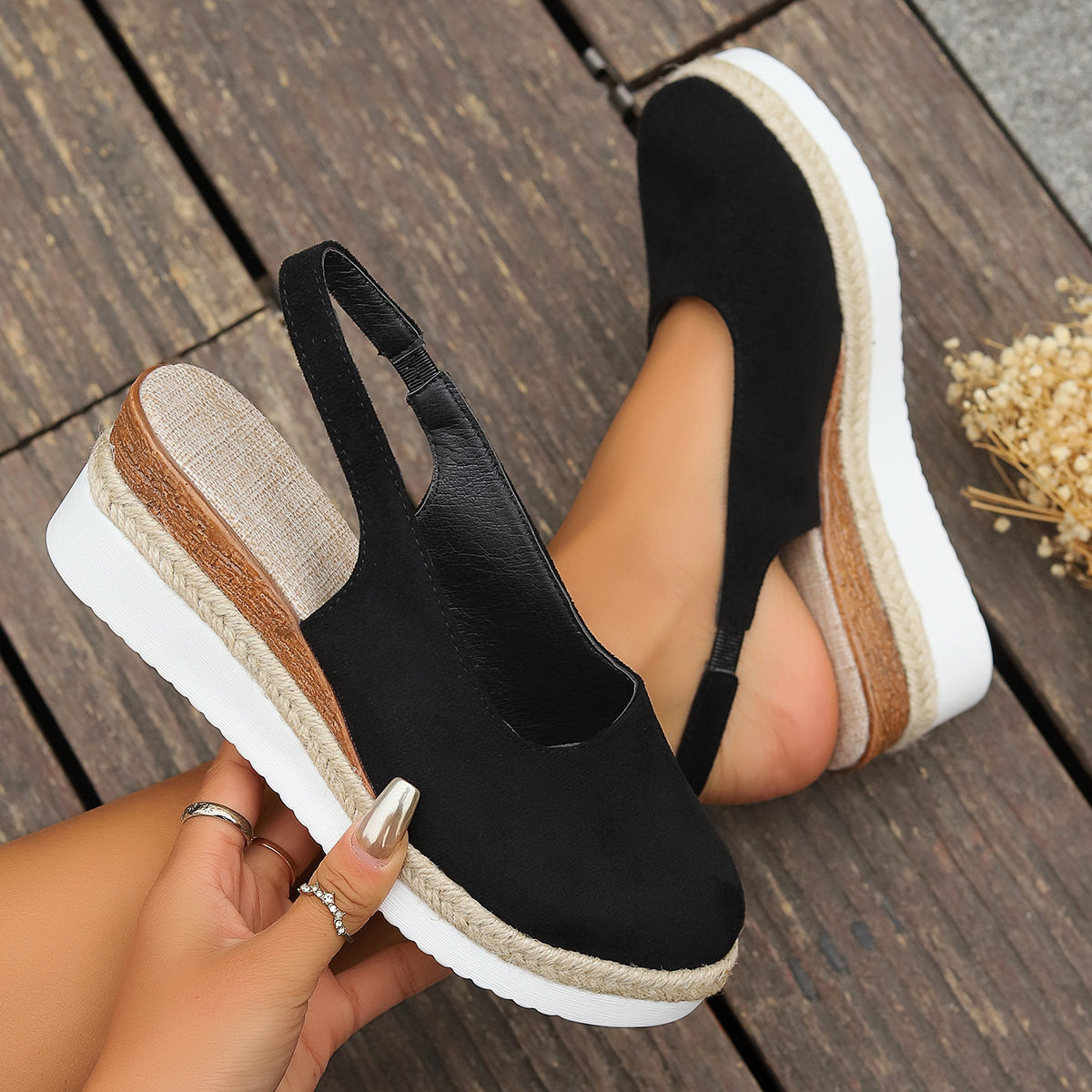 Spring and Summer Baotou Wedge Hitch Buckle Sole Sandals Women's 2024 New European and American Large Size Foreign Trade Roman Sandals Women