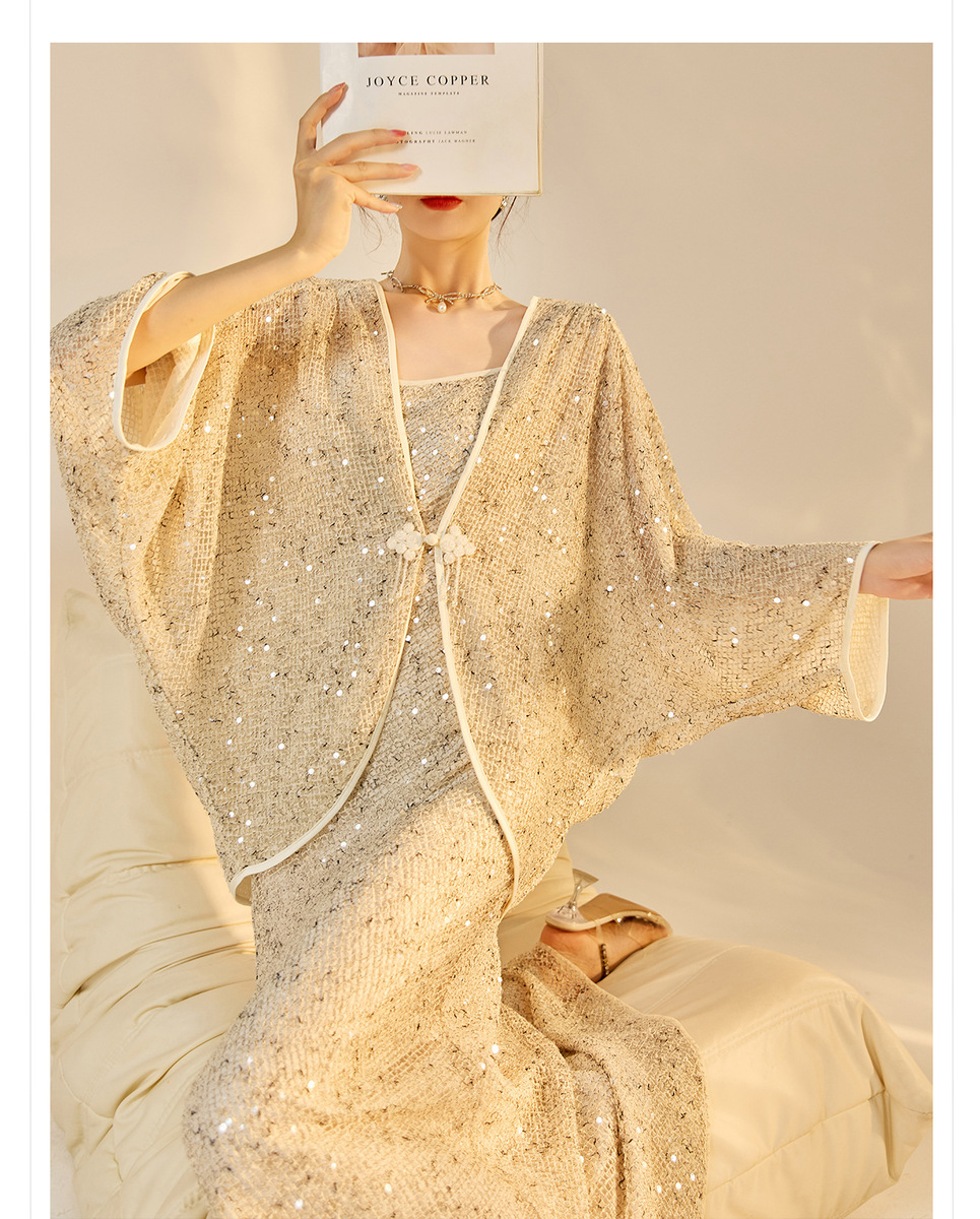 Bộ đầm dài kèm áo khoác ngoài đính sequin thêu nổi bật — Áo khoác (giao hàng trong 7 ngày), Áo khoác (vận chuyển trong cùng ngày), Váy yếm (giao hàng trong 7 ngày), Váy yếm (giao hàng trong ngày)