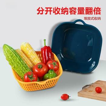 Double-Layer Plastic Vegetable Washing Basin with Thickened Draining Basket, Color-Blocking Kitchen Essential, Multifunctional Living Room Household Must-Have Useful Item