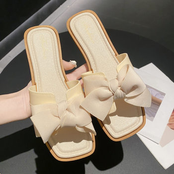 Square-Toe Bow-Knot Sandals for Women, Comfortable for Outdoor Wear, Evening Style, Flat Half-Slippers to Wear with Skirts, Outdoor Sandals