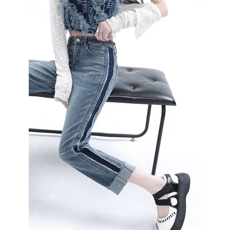 High Waisted Straight Leg Jeans for Women Color Block Design Cropped Length Summer Style Wholesale Available