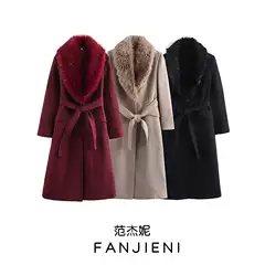 ZR foreign trade wholesale European and American style women's new temperament with belt warm fur collar tweed coat 9225147