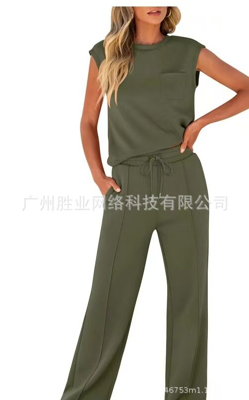 2025欧美跨境外贸秋冬季新款圆领无袖时尚休闲运动套装宽松两件套