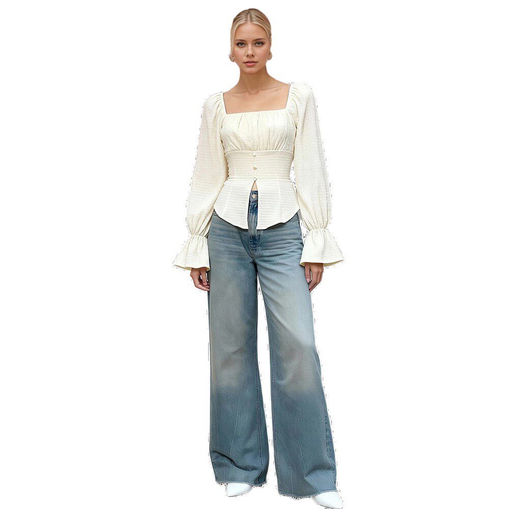 French Style Square Neck Puff Sleeve Chiffon Blouse Slim Fit High Split Vintage Design Perfect for Spring and Summer