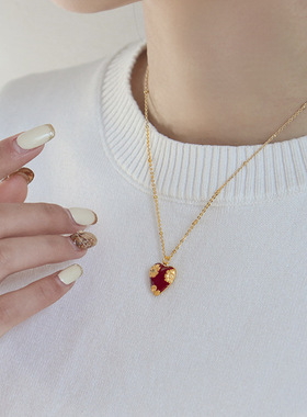 新年订婚结婚安可拉红色滴油爱心项链耳环女时尚百搭复古锁骨链