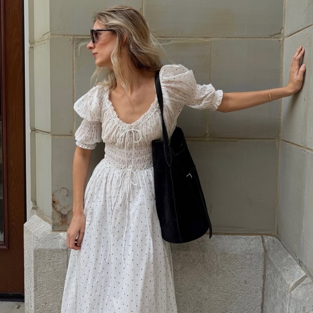 Womens Vintage Polka Dot Long Dress Elegant Fit Puff Sleeves French Style Summer Occasion Wholesale Available