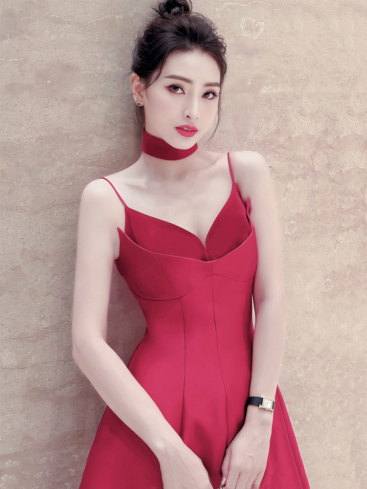Đầm maxi nữ thắt eo cổ chữ V không tay dáng chữ A — Hồng, Đen chi tiết 4