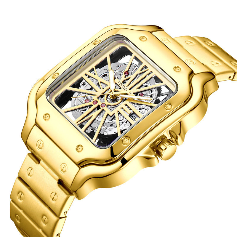 Men's Fashionable Waterproof Quartz Watch Tiktok Live Broadcast Light Luxury Hollow Non-Mechanical Square Steel Band Watch Large Dial