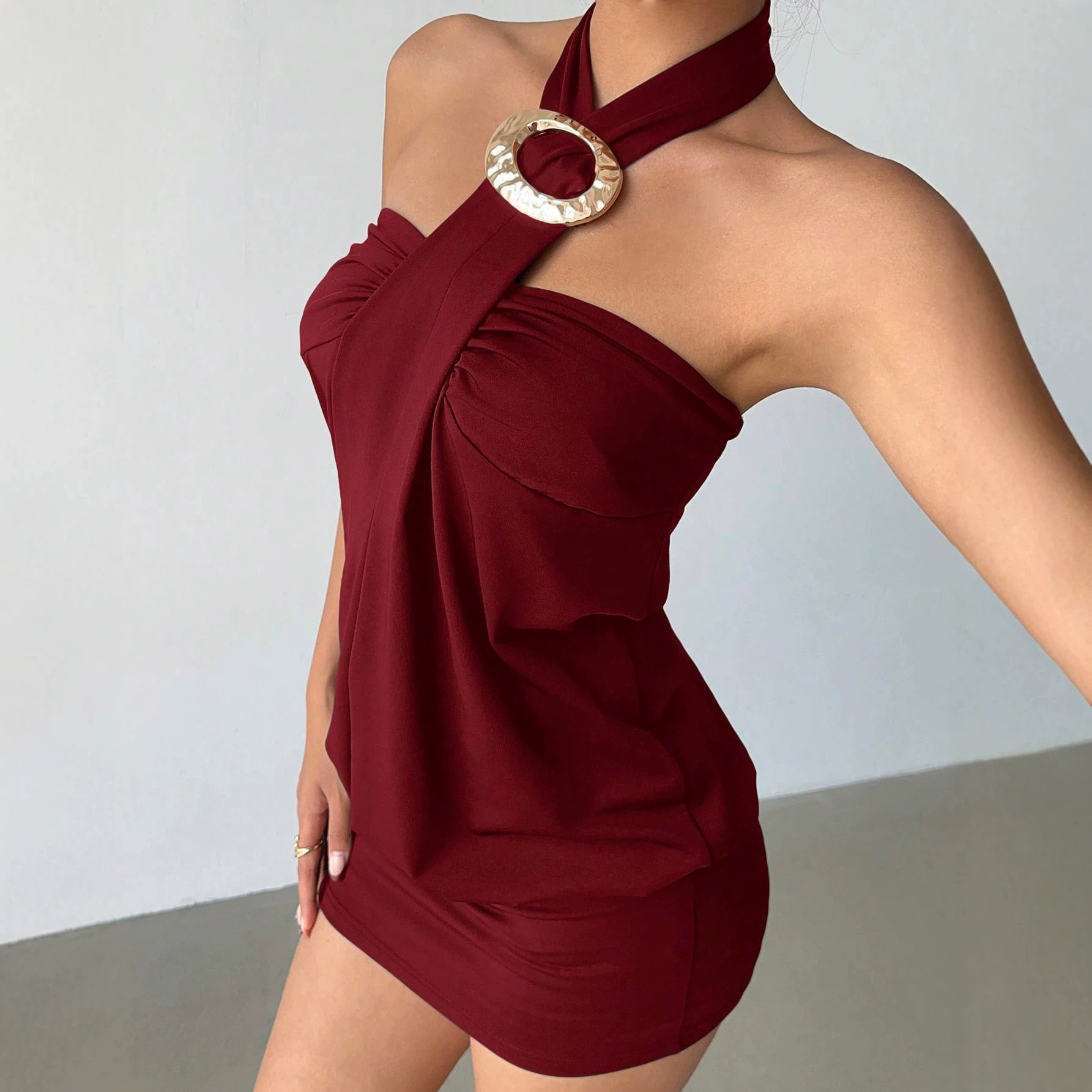 Halter Neck Bodycon Dress for Women Metal Ring Detail Backless Slim Fit Short Length Perfect for Parties and Events