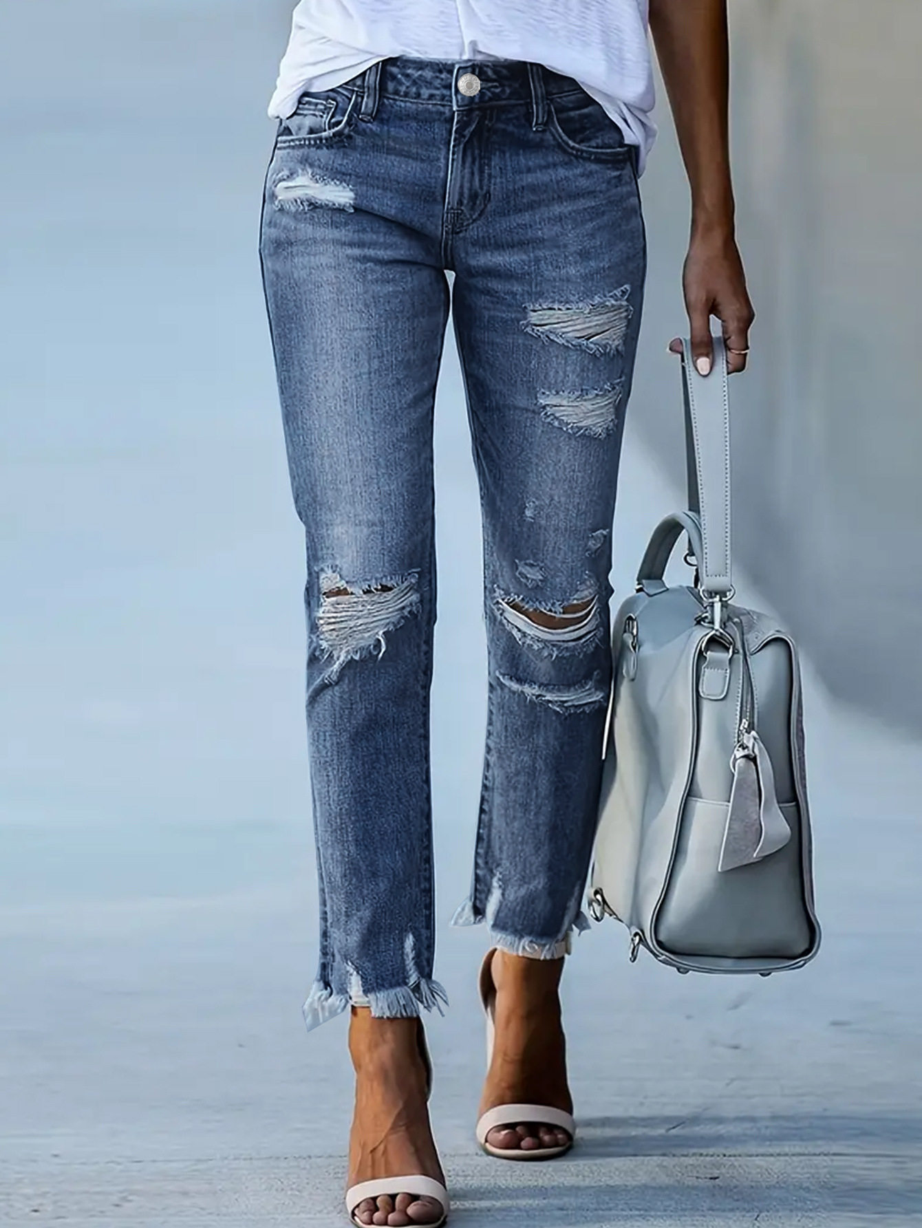 Womens Casual Ripped Skinny Jeans Stretch Fabric Slim Fit Distressed Design Perfect for Everyday Wear Ready to Ship