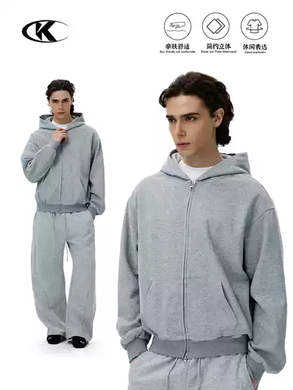 11Kn Floral Gray Sports Hooded Cardigan Sweatshirt for Men and Women, Autumn and Winter Loose Fit, Slimming, Air Layer, Simple Texture Jacket
