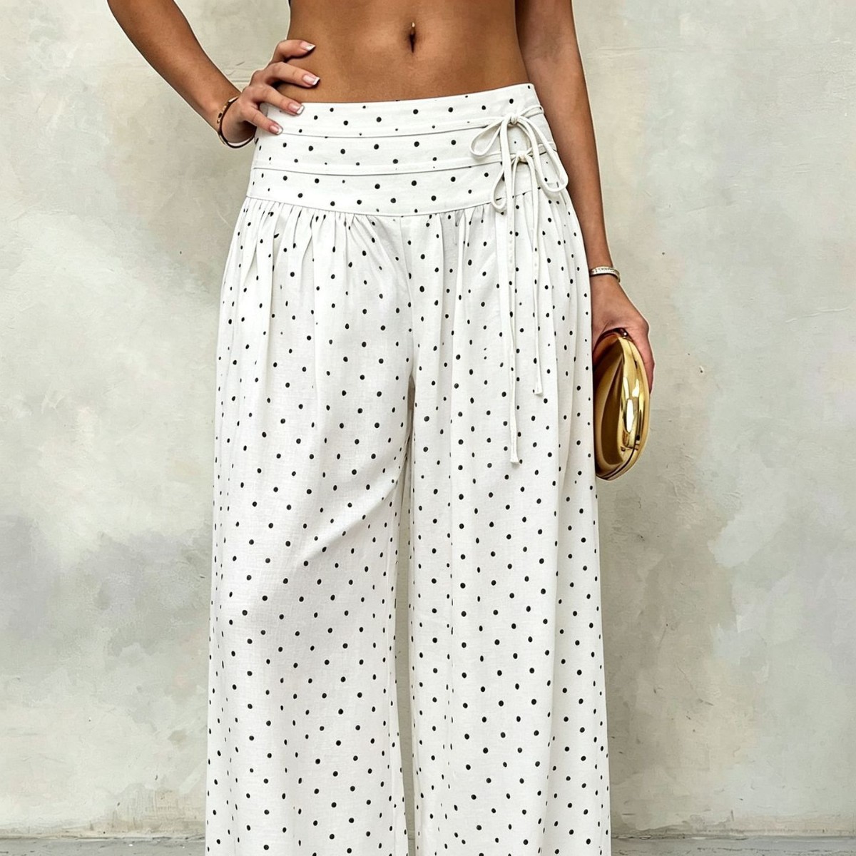 Black Polka Dot Casual Pants Lightweight Breathable Ice Silk Linen Summer Wear Wholesale Available