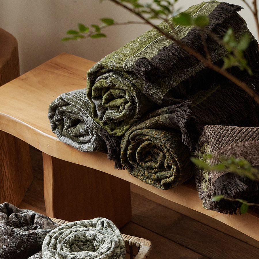 Return to Nature Jacquard Small Blanket, Antique Style Gauze Pure Cotton Nap Blanket, Decorative Sofa Cover Blanket, High-End Bedside Towel