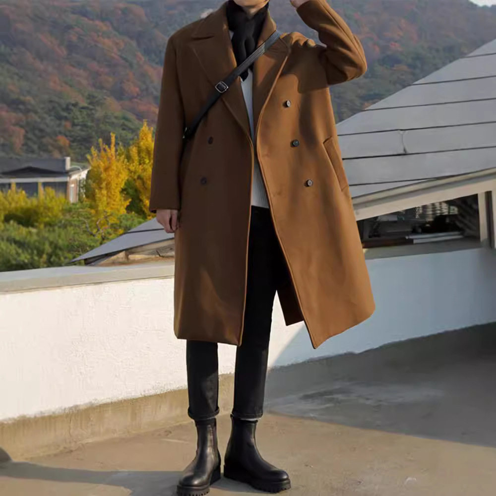 Mens Wool Overcoat Thick Warm Fabric Mid Length Available in Khaki and Black Wholesale Options