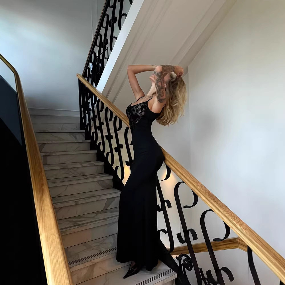 Lace Trimmed U Neck Slip Dress Sheer Elegant Sleeveless Evening Wear or Special Occasions Wholesale Available